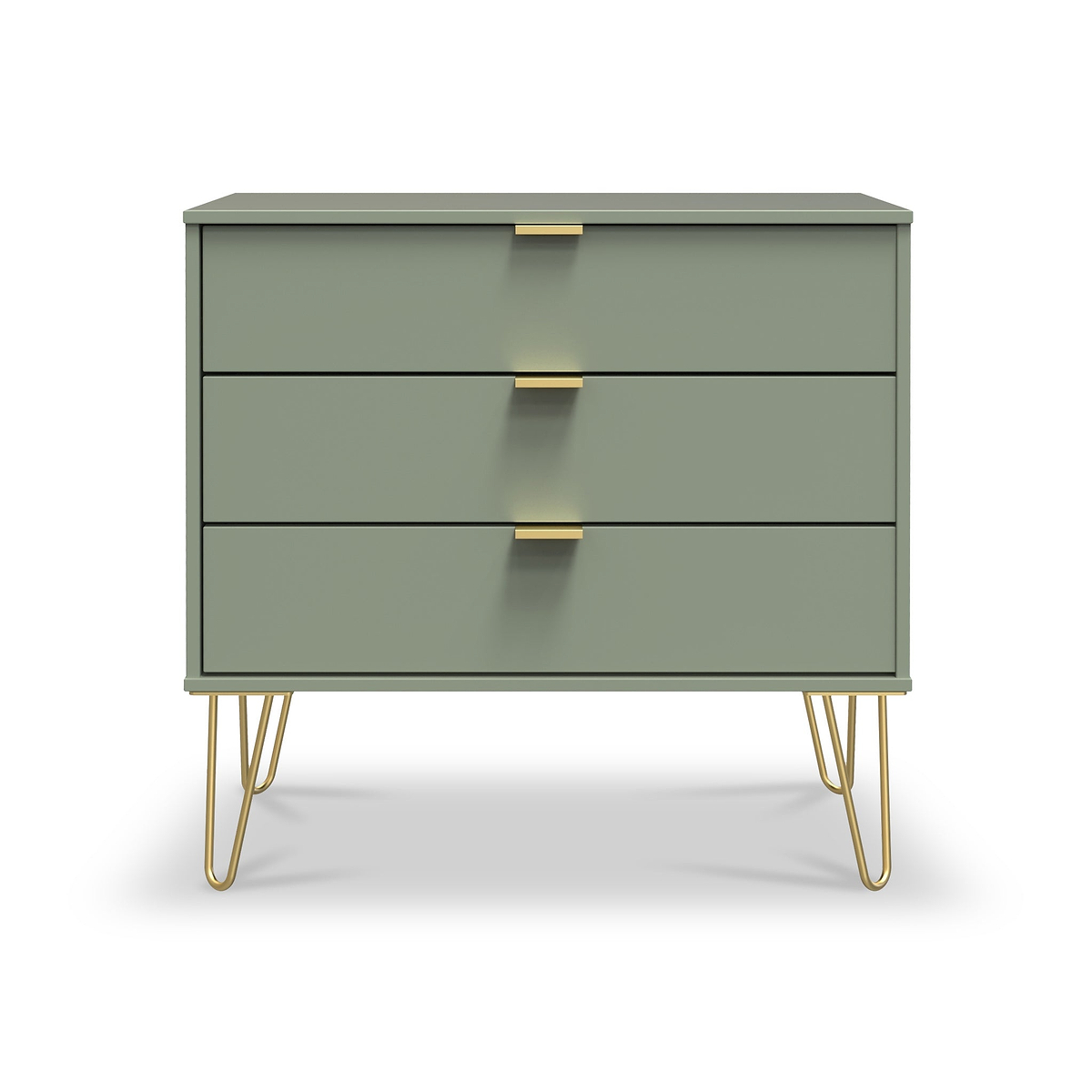 Moreno Olive Green 3 Drawer Chest with gold hairpin legs from Roseland furniture