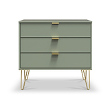 Moreno Olive Green 3 Drawer Chest with gold hairpin legs from Roseland furniture