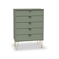Moreno Olive Green 5 Drawer Chest with gold hairpin legs