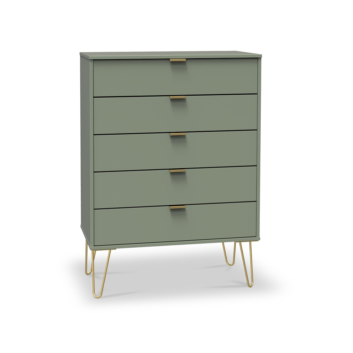 Moreno Olive Green 5 Drawer Chest with gold hairpin legs