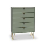 Moreno Olive Green 5 Drawer Chest with gold hairpin legs
