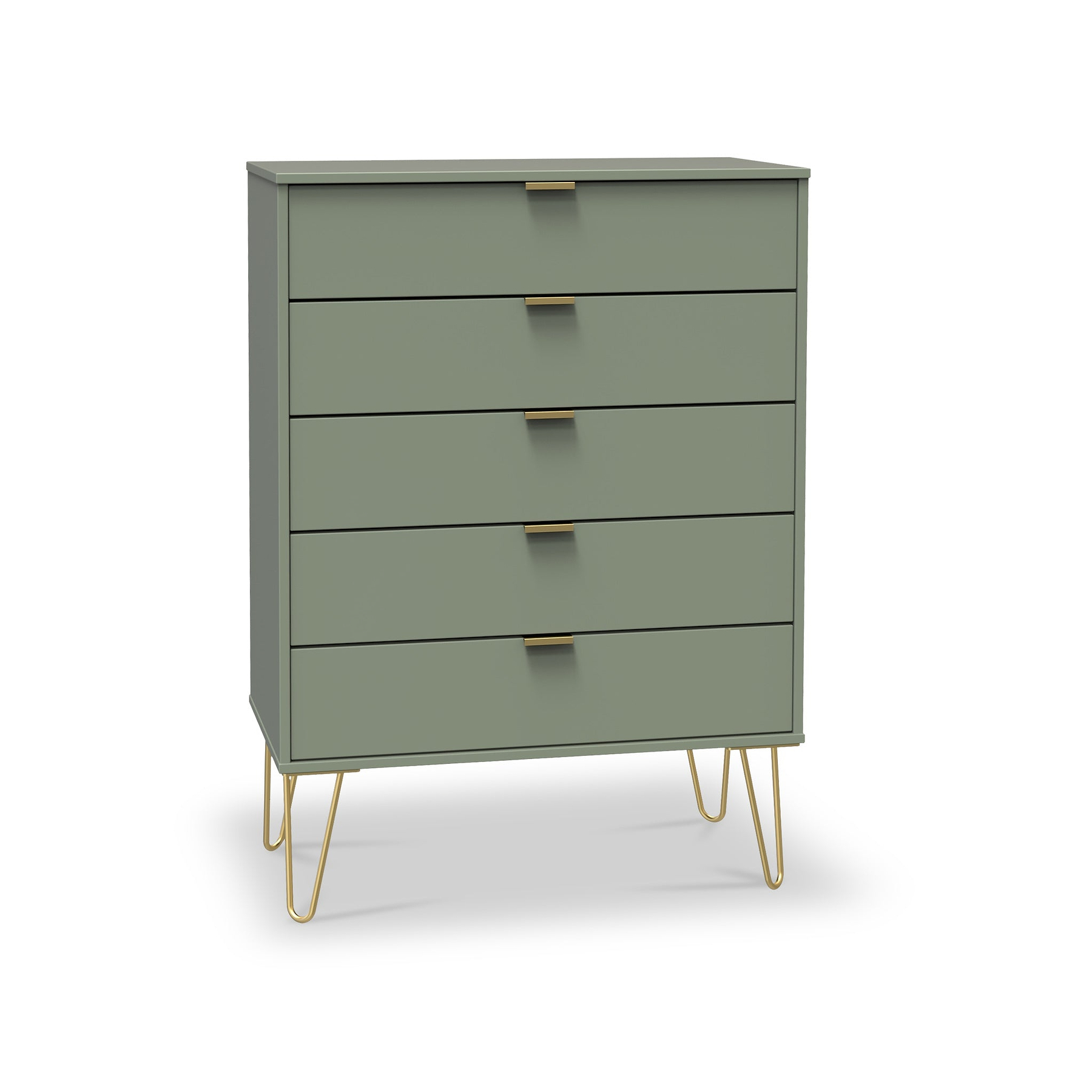 Moreno Olive Green 5 Drawer Chest with gold hairpin legs