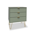 Moreno Olive Green 3 Drawer Midi Chest of Drawers Unit with gold hairpin legs from Roseland Furniture