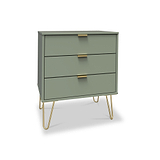 Moreno Olive Green 3 Drawer Midi Chest of Drawers Unit with gold hairpin legs from Roseland Furniture