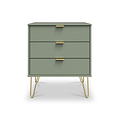 Moreno Olive Green 3 Drawer Midi Chest of Drawers Unit with gold hairpin legs from Roseland Furniture