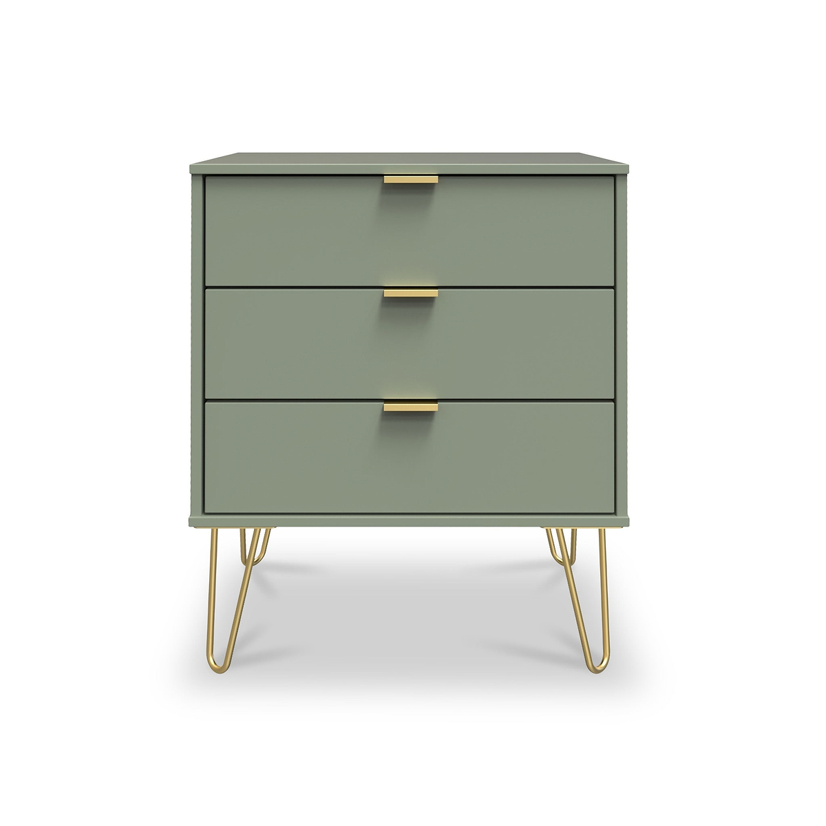 Moreno Olive Green 3 Drawer Midi Chest of Drawers Unit with gold hairpin legs from Roseland Furniture