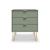 Moreno Olive Green 3 Drawer Midi Chest of Drawers Unit with gold hairpin legs from Roseland Furniture