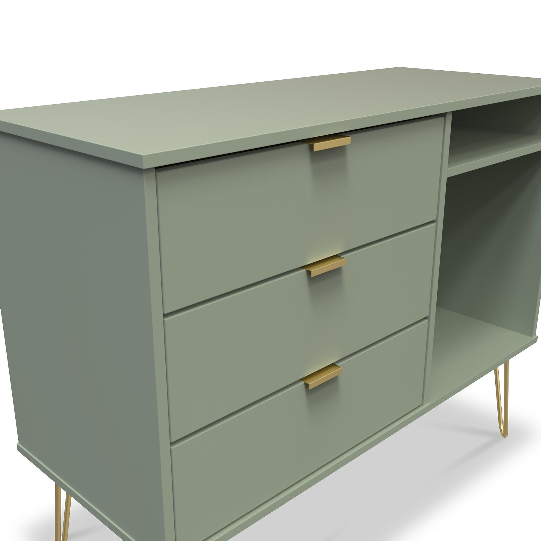 Moreno Olive 3 Drawer TV Unit with Gold Hairpin Legs from Roseland Furniture