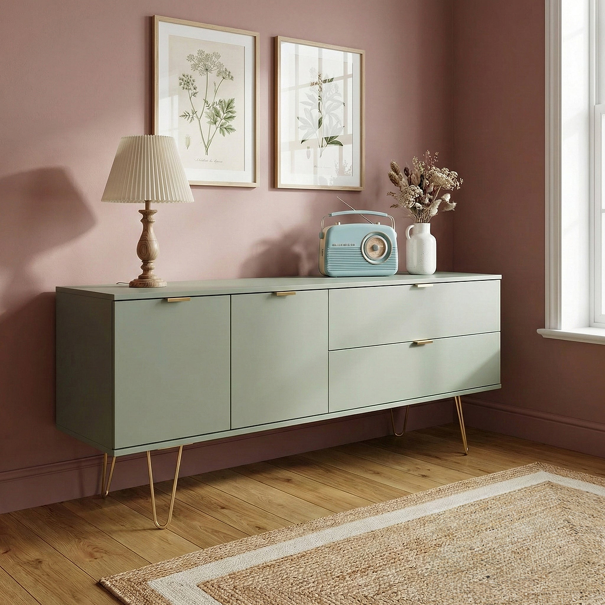 Moreno Olive Green 2 Door 2 Drawer Sideboard Cabinet with gold hairpin legs from Roseland Furniture