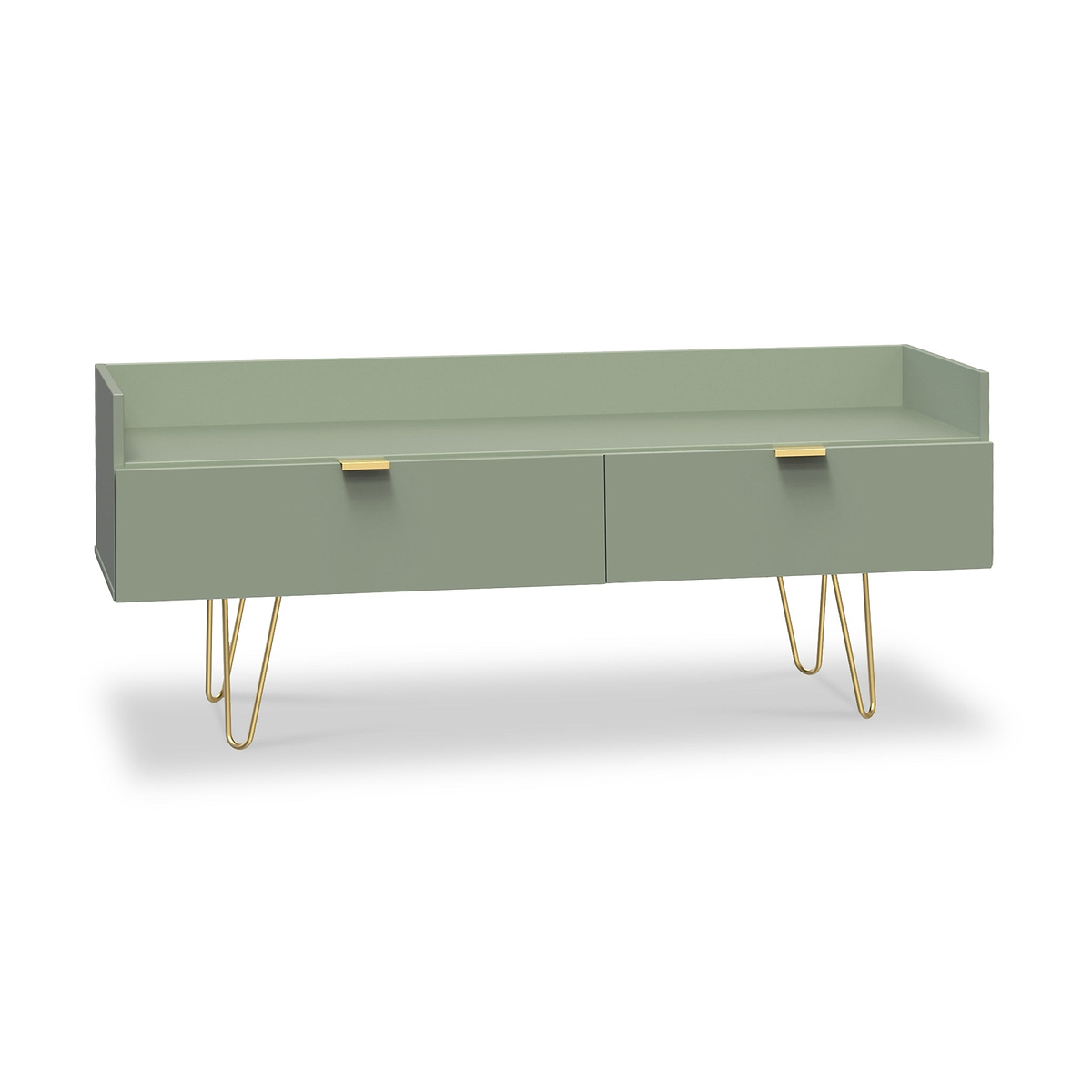 Moreno Olive Green 2 Drawer Media Console Unit with gold hairpin legs from Roseland Furniture