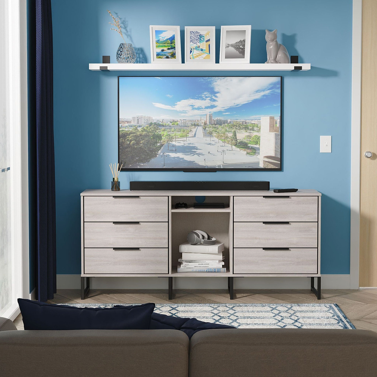 Ashbourne 6 Drawer TV Unit Grey Oak from Roseland Furniture