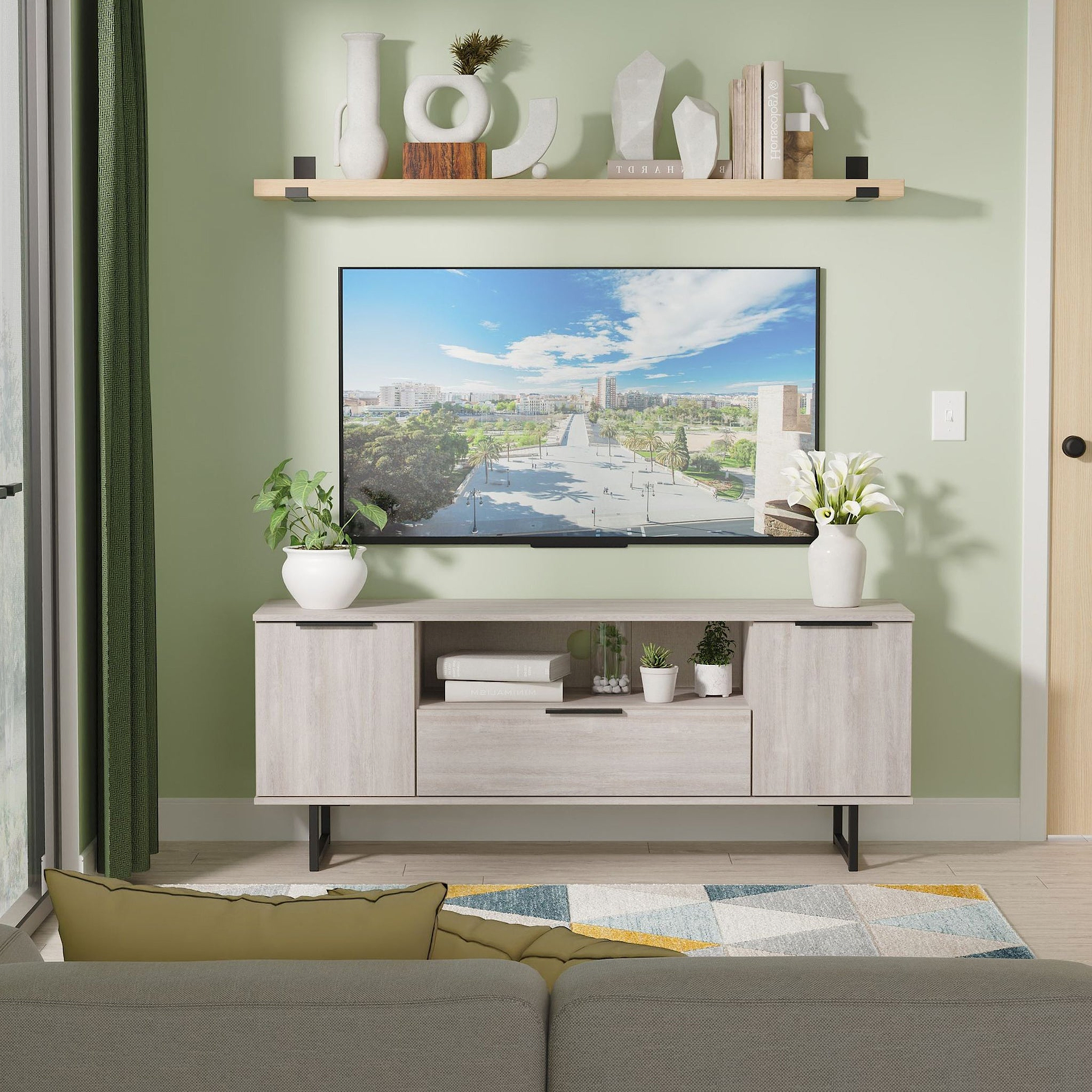Ashbourne 2 Door 1 Drawer Wide TV Unit Grey Oak from Roseland Furniture
