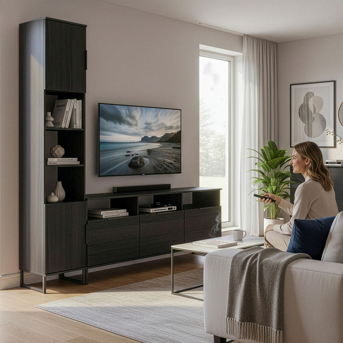 Ashbourne Multi Media TV Wall Unit LH Black Ash from Roseland Furniture