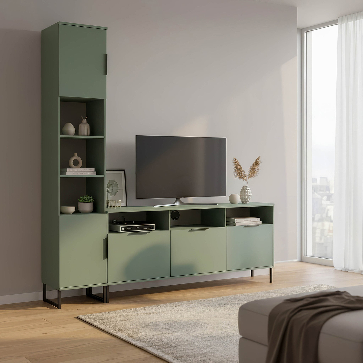 Ashbourne Multi Media TV Wall Unit LH Reed Green from Roseland Furniture