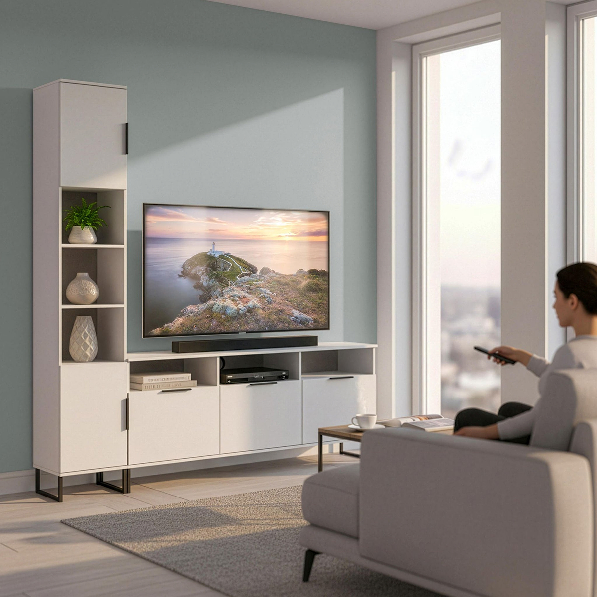 Ashbourne Multi Media TV Wall Unit LH White Matt from Roseland Furniture