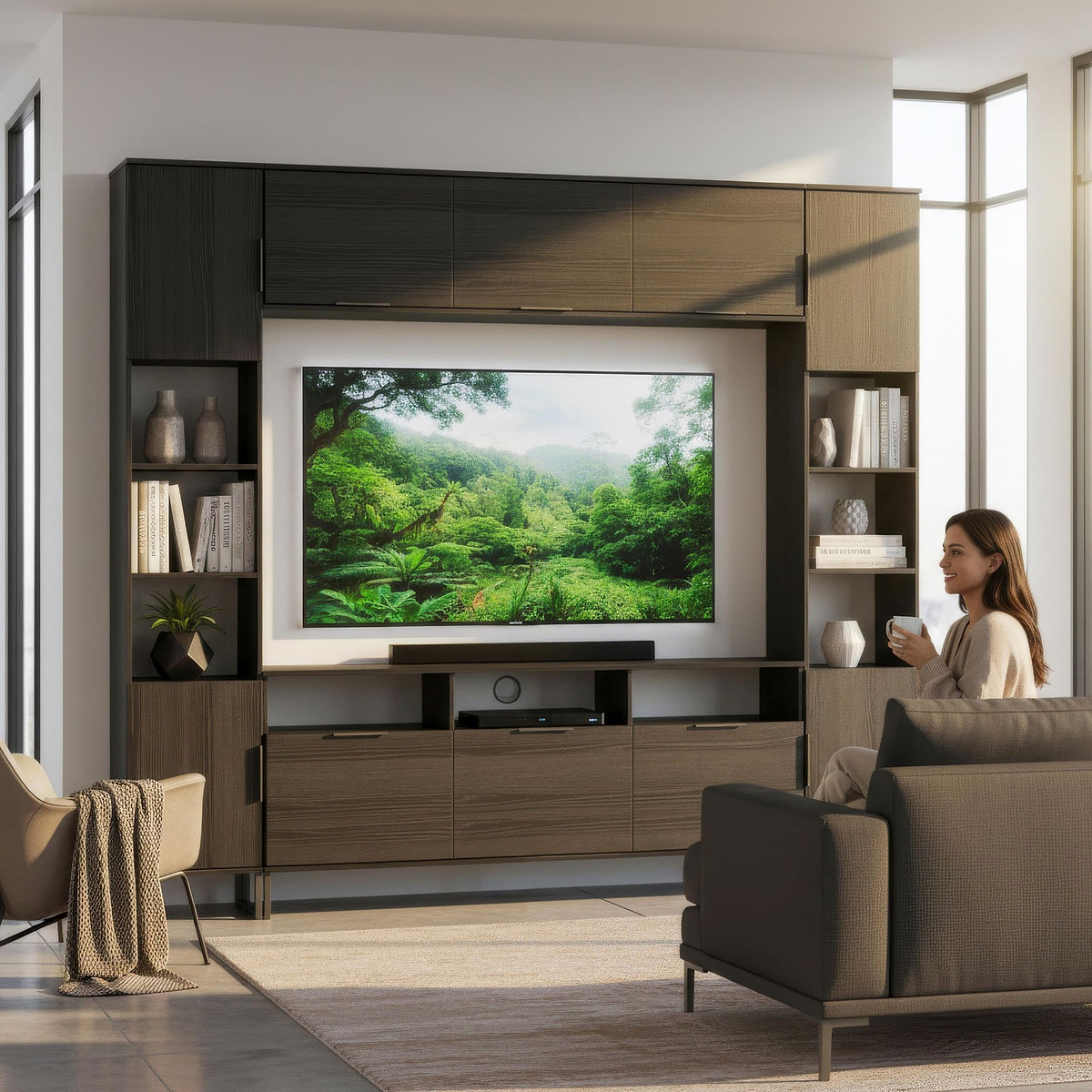Ashbourne Multi Media Wall Unit with Overhead Storage Black Ash from Roseland Furniture