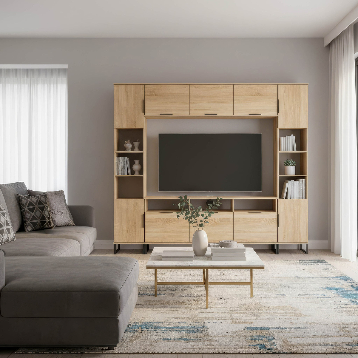 Ashbourne Multi Media Wall Unit with Overhead Storage Oak from Roseland Furniture