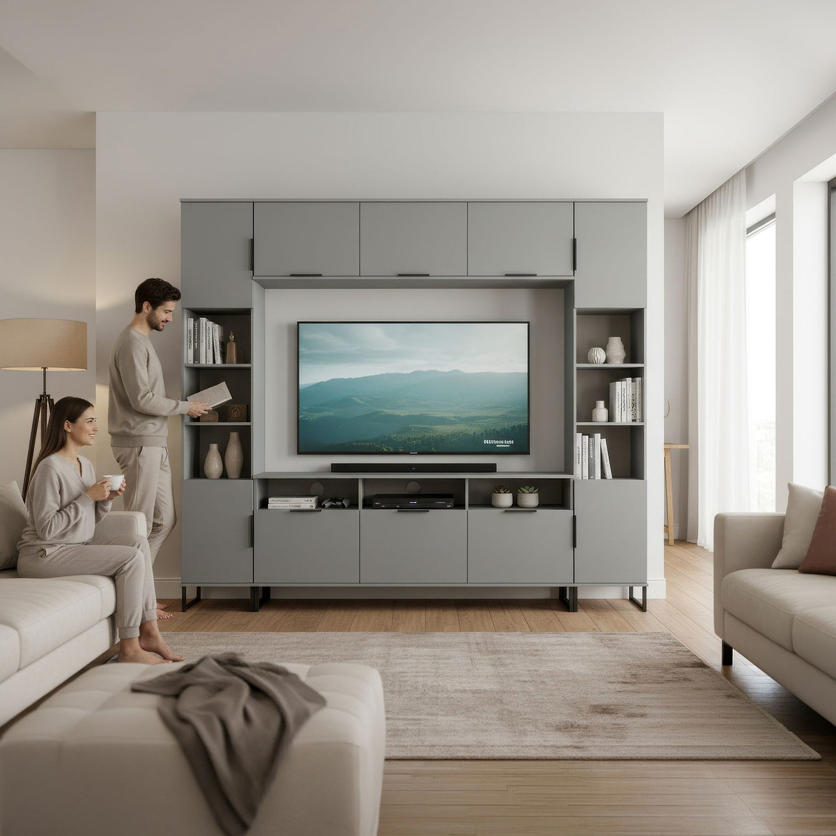 Ashbourne Multi Media Wall Unit with Overhead Storage Dusk Grey from Roseland Furniture