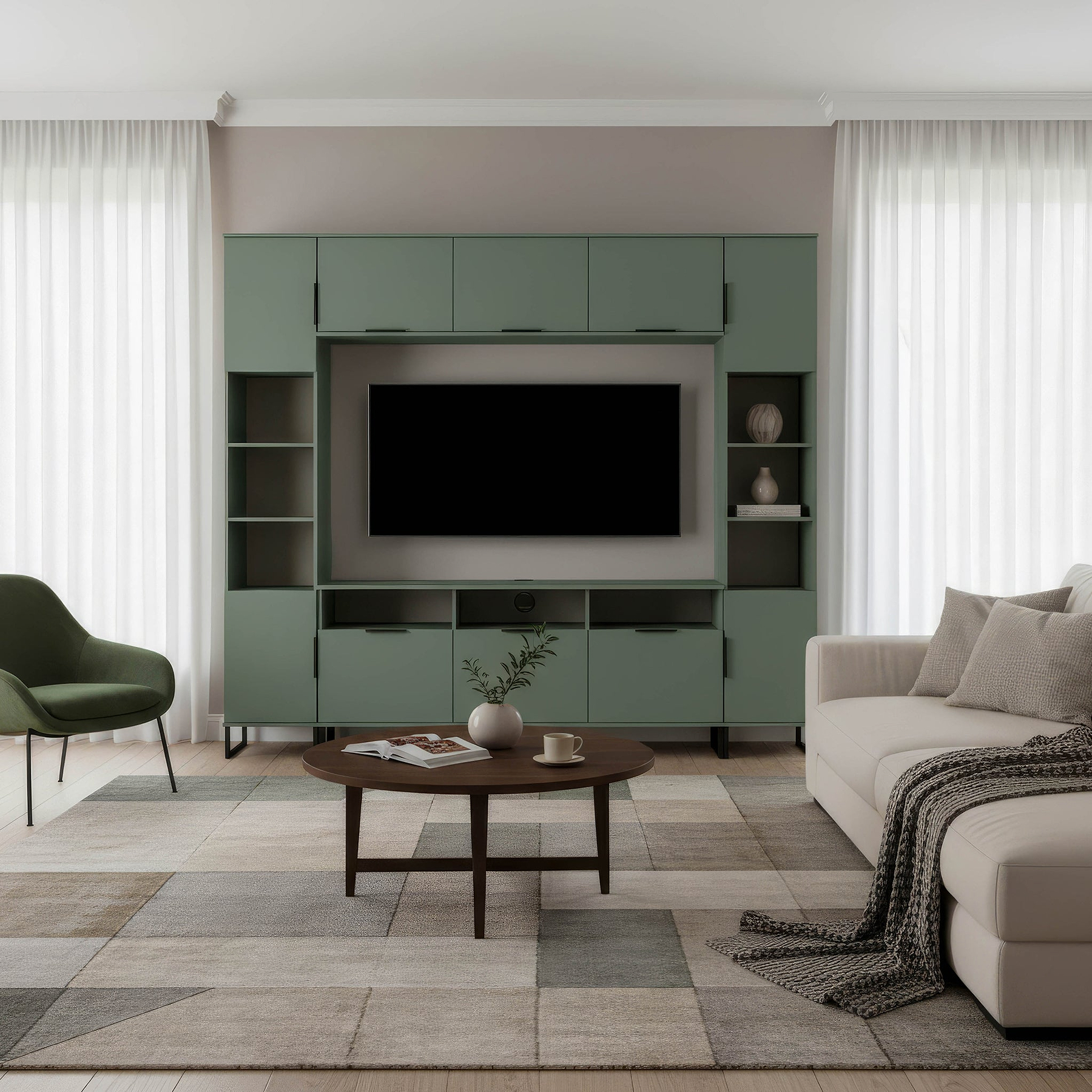 Ashbourne Multi Media Wall Unit with Overhead Storage Reed Green from Roseland Furniture