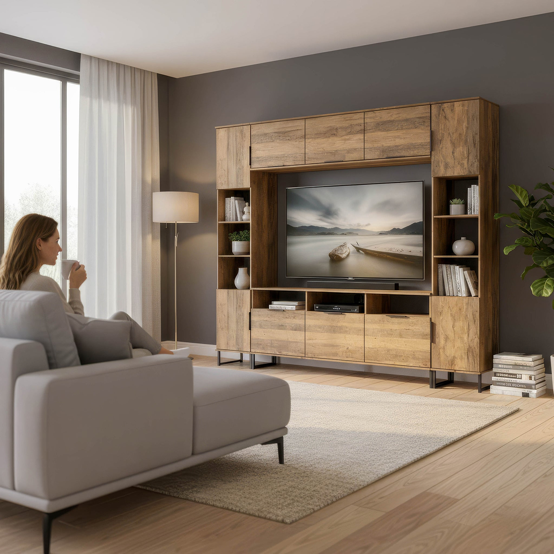 Ashbourne Multi Media Wall Unit with Overhead Storage Vintage Oak from Roseland Furniture