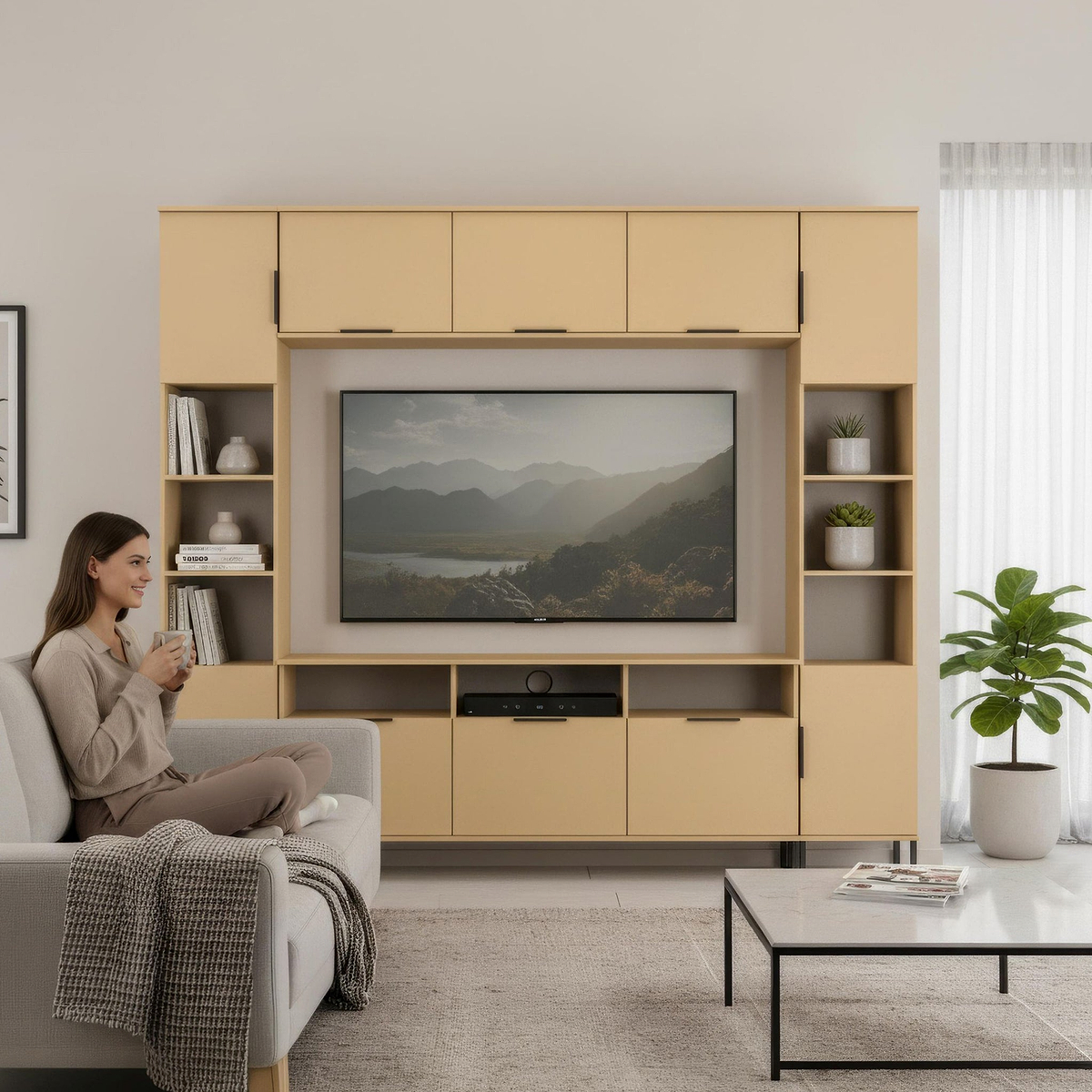 Ashbourne Multi Media Wall Unit with Overhead Storage Yellow Matt from Roseland Furniture