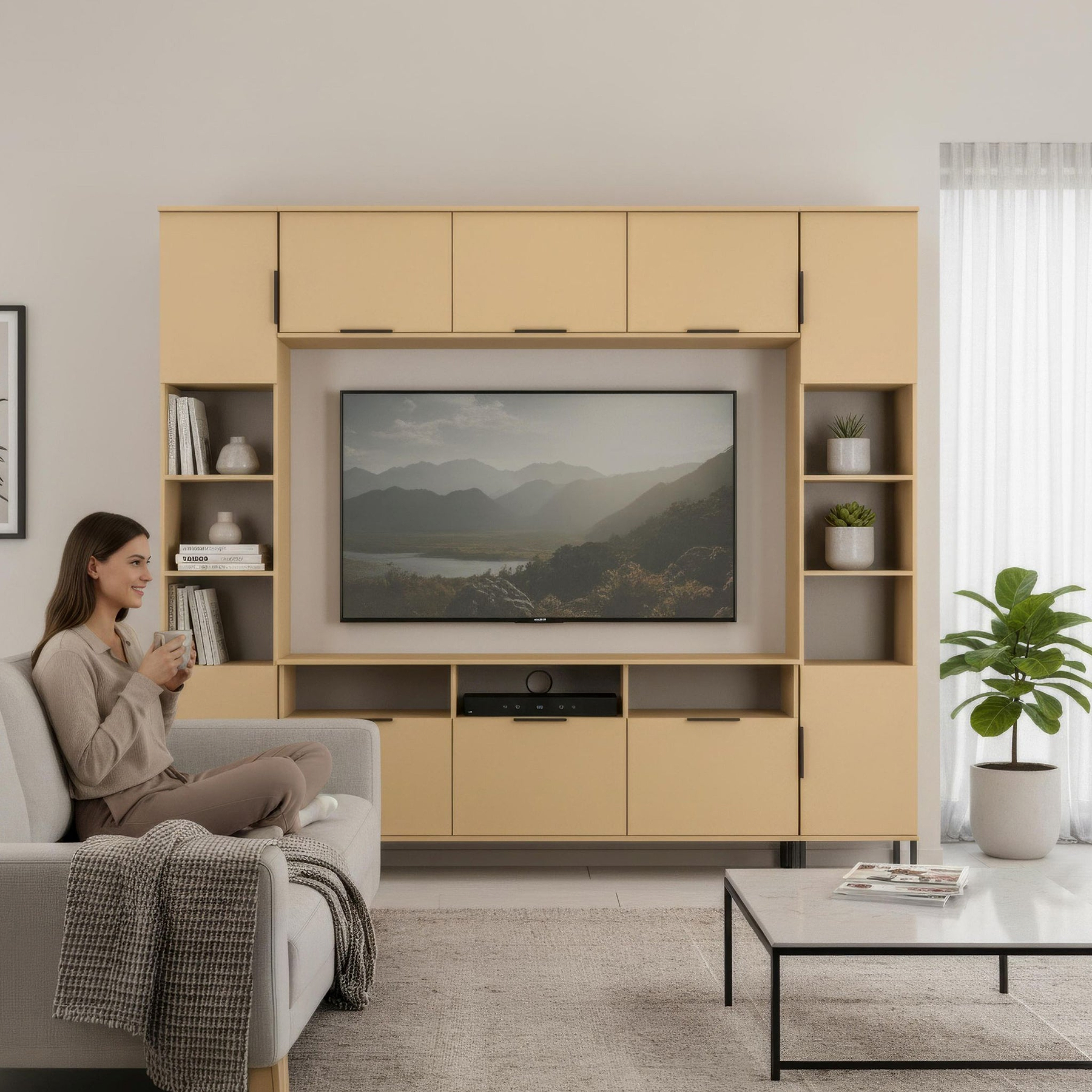 Ashbourne Multi Media Wall Unit with Overhead Storage Yellow Matt from Roseland Furniture
