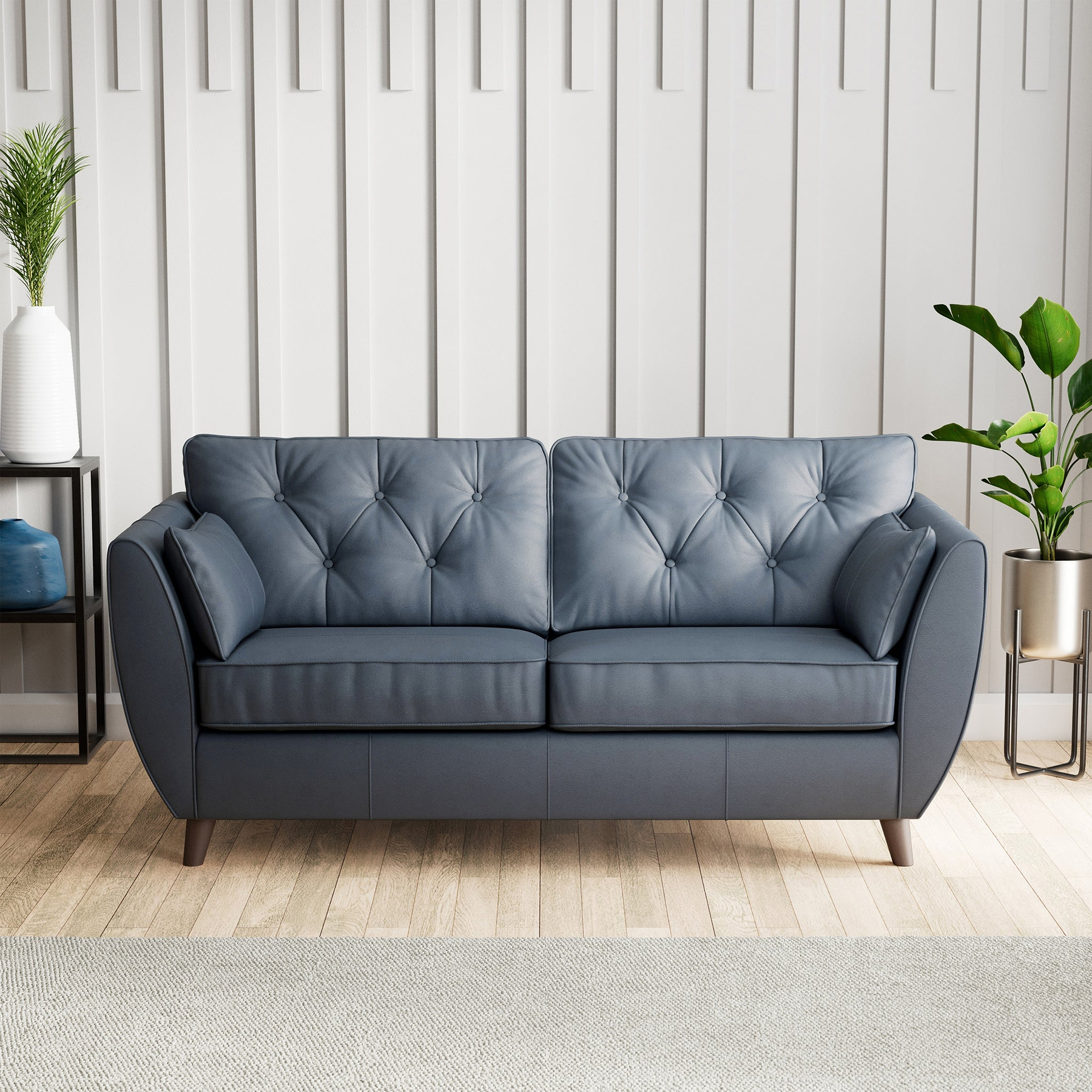 Edison Leather 3 Seater Sofa Dark Feet Navy Blue Dims from Roseland Furniture