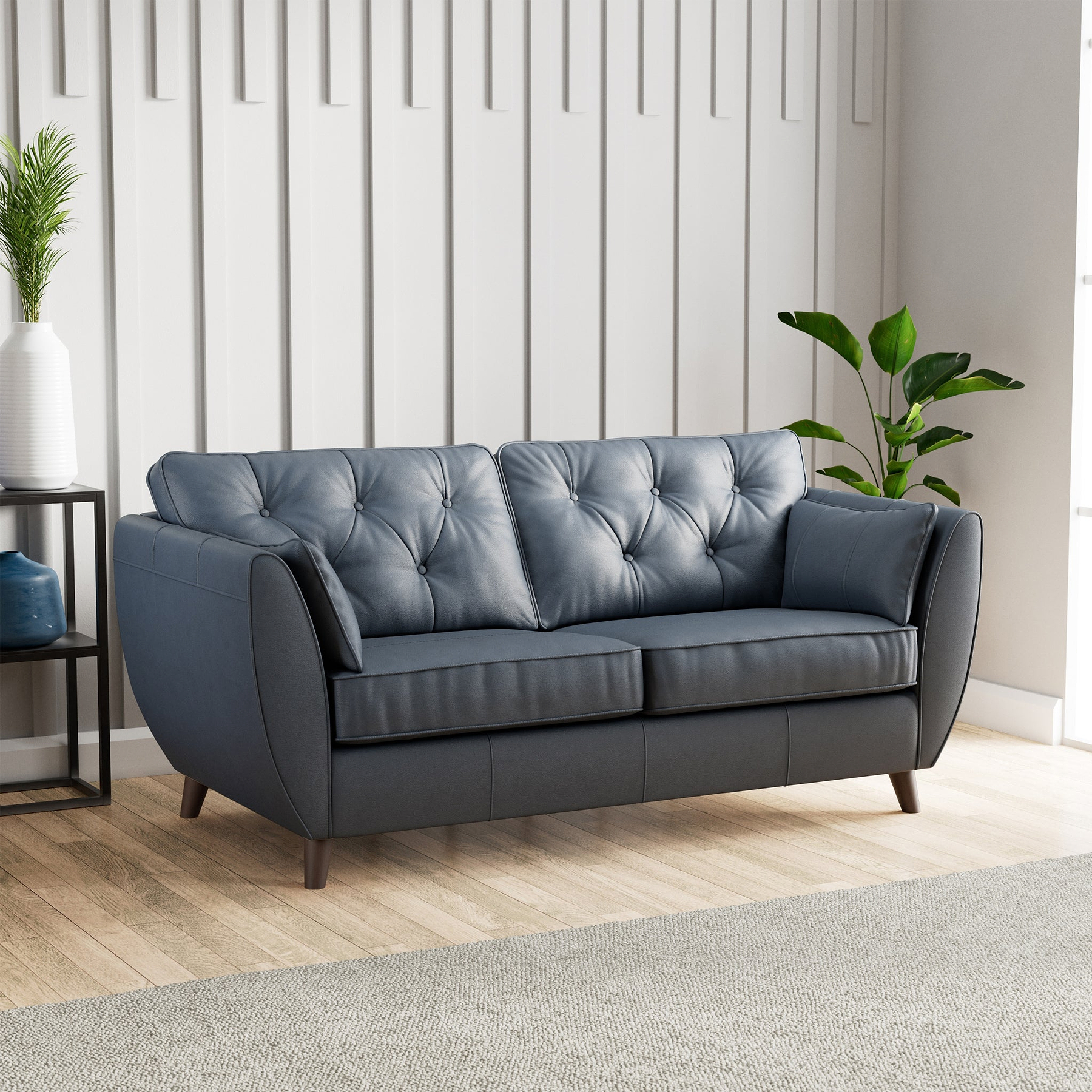 Edison Leather 3 Seater Sofa Dark Feet Navy Blue Dims from Roseland Furniture