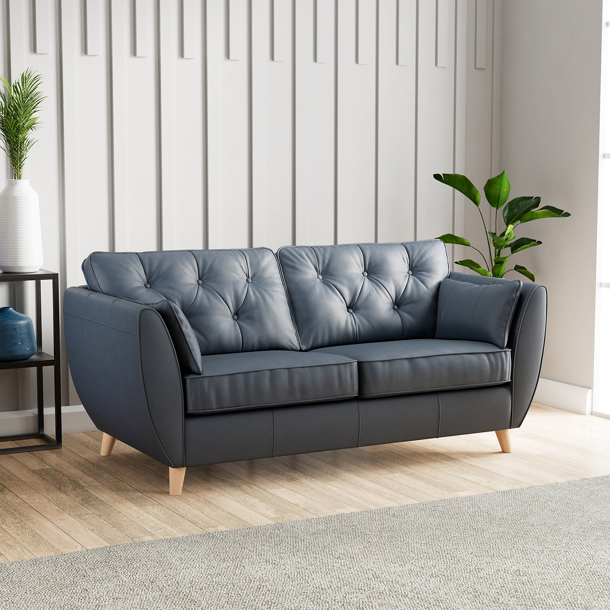 Edison 3 Seater Sofa Leather Light Feet Navy from Roseland Furniture