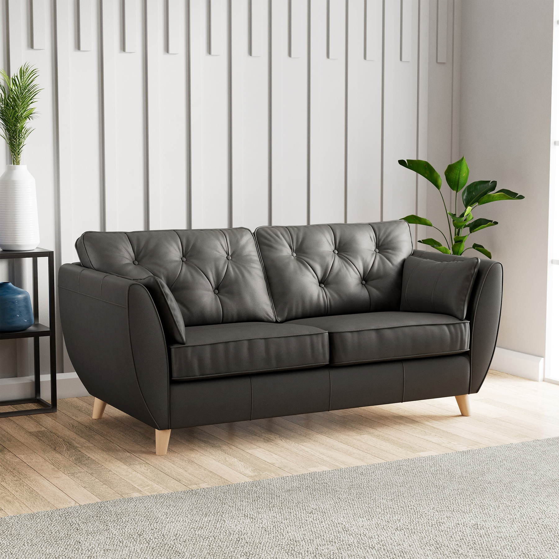 Edison 3 Seater Sofa Leather Light Feet Raven from Roseland Furniture