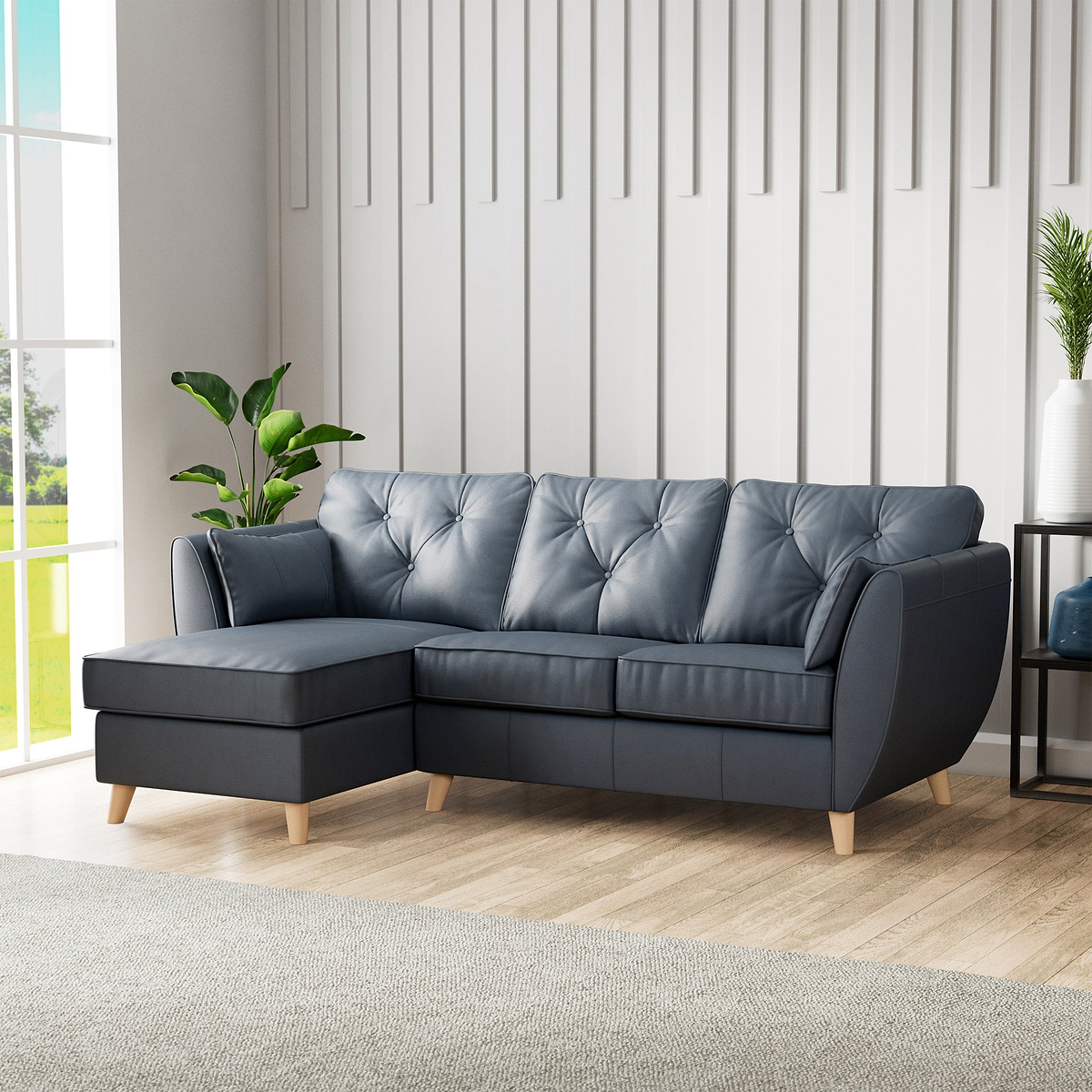 Edison Leather Chaise LH Light Feet Navy from Roseland Furniture
