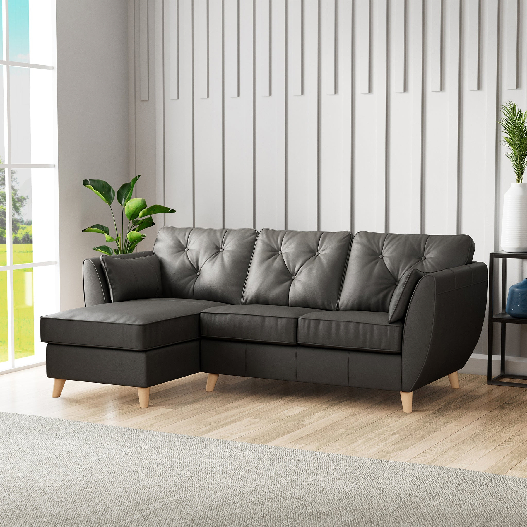 Edison Leather Chaise LH Light Feet Raven from Roseland Furniture
