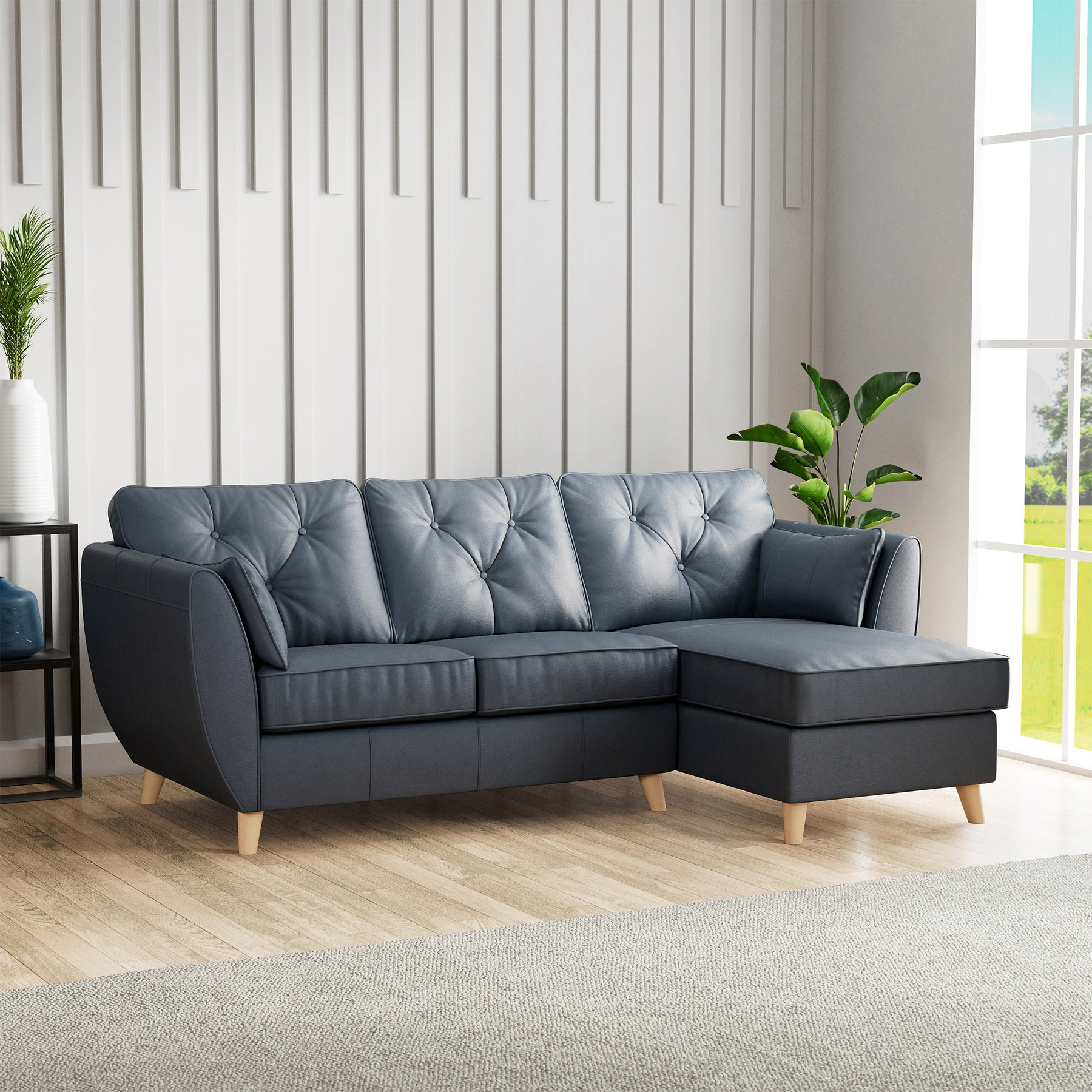 Edison Leather Chaise RH Light Feet Navy from Roseland Furniture