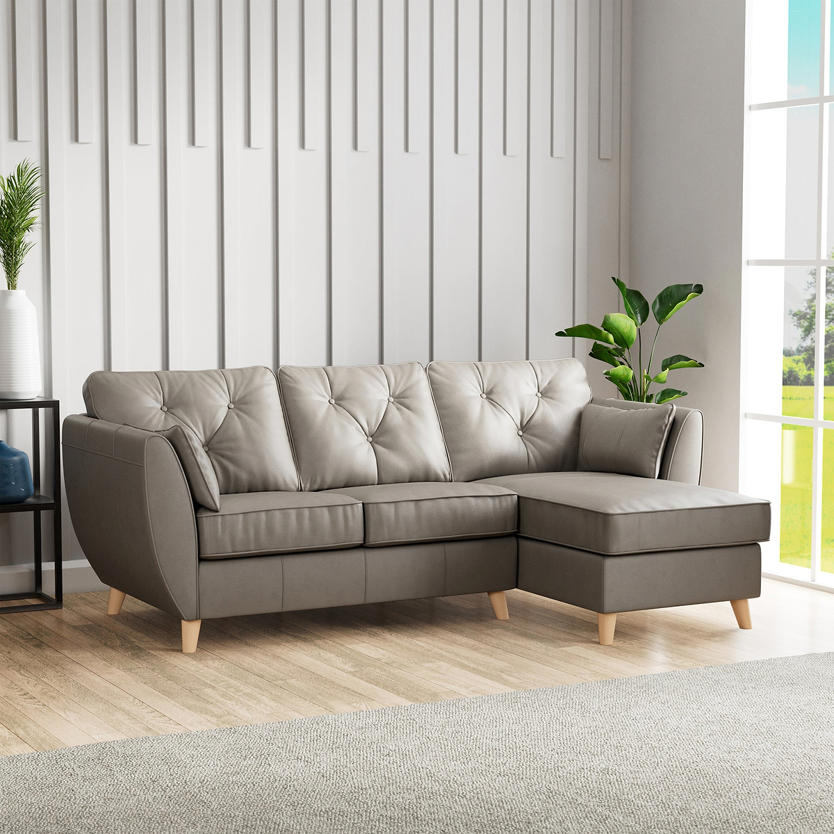 Edison Leather Chaise RH Light Feet Stone Grey from Roseland Furniture
