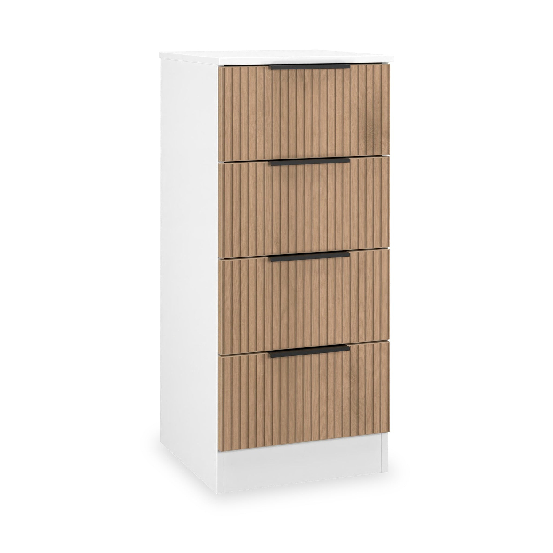 Jago-slatted-effect-4-drawer-bedside-white from Roseland Furniture
