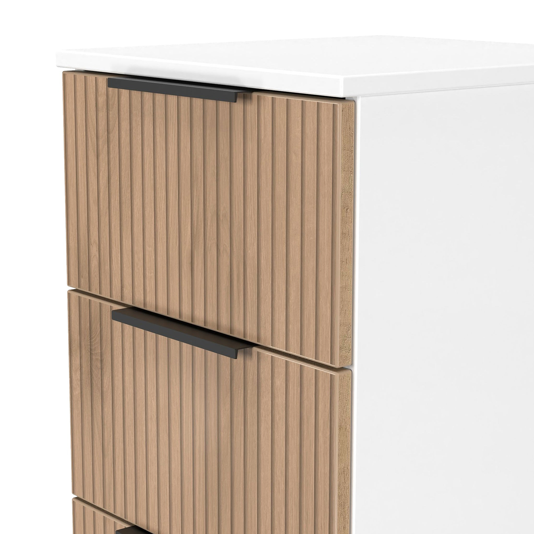 Jago-slatted-effect-5-drawer-tallboy-white from Roseland Furniture