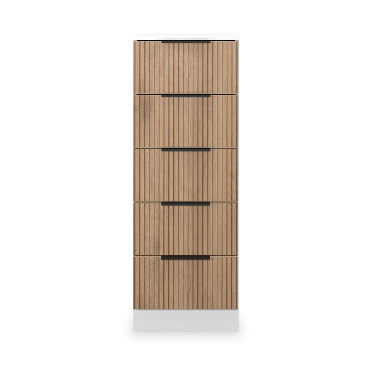 Jago-slatted-effect-5-drawer-tallboy-white from Roseland Furniture
