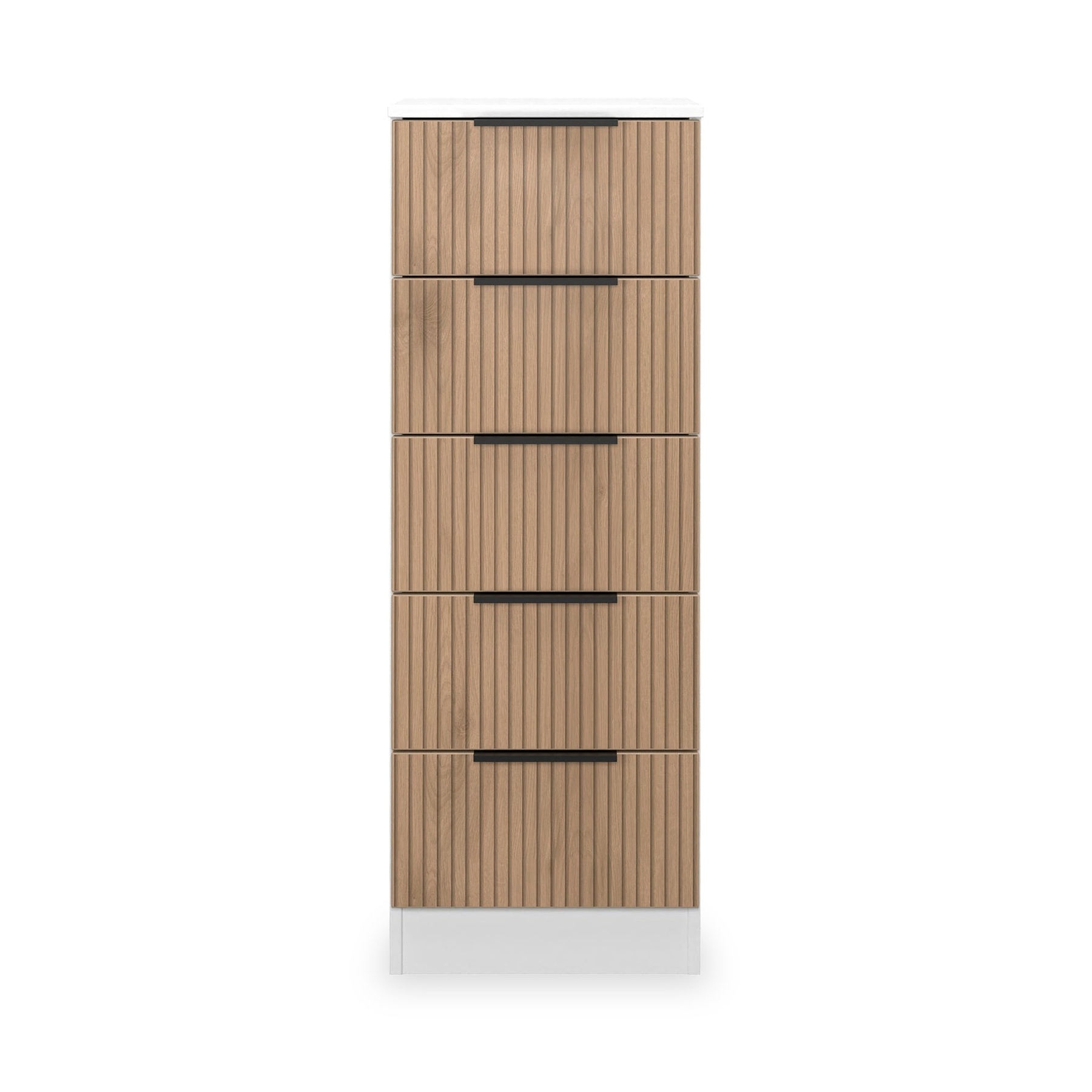 Jago-slatted-effect-5-drawer-tallboy-white from Roseland Furniture