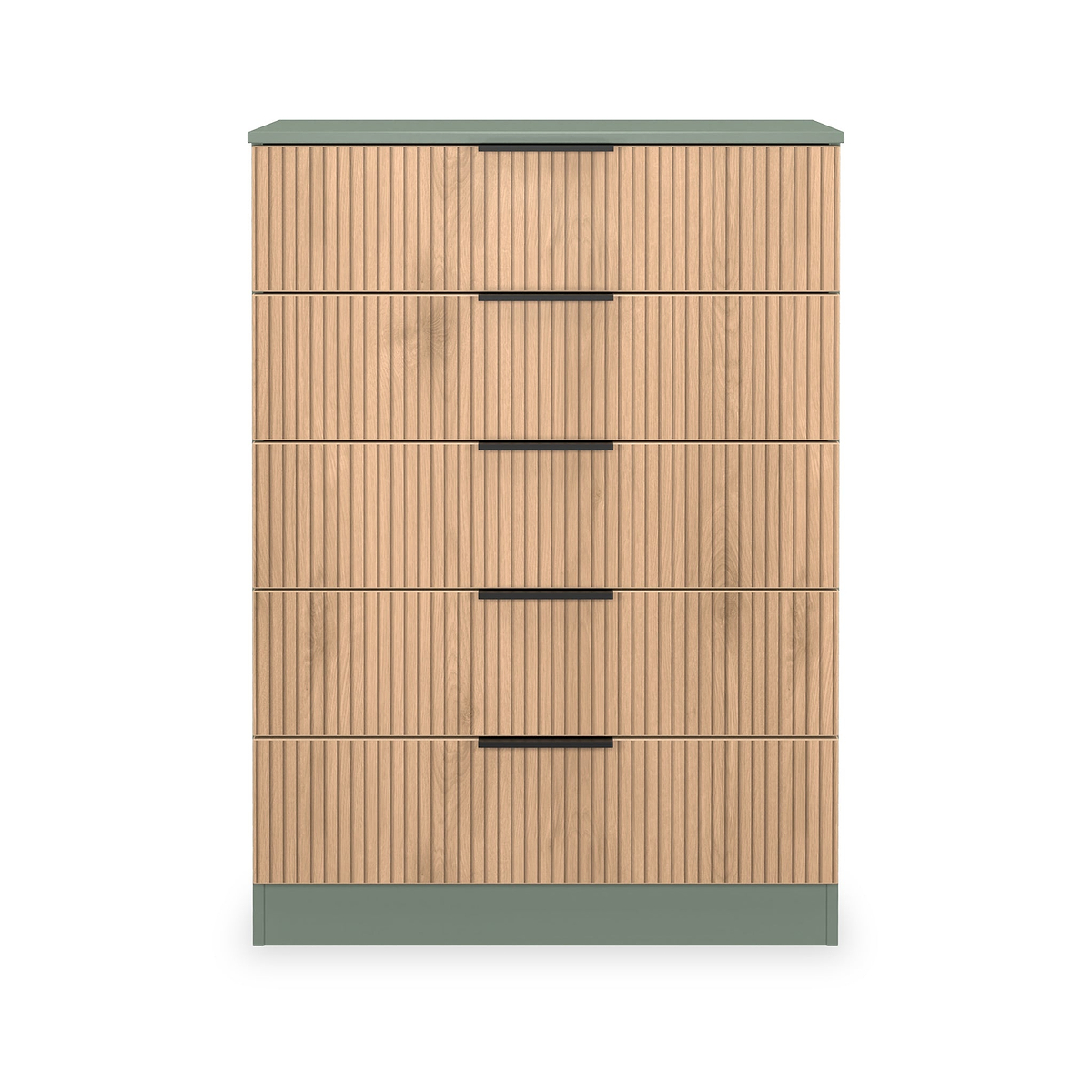 Jago-slatted-effect-5-drawer-chest-green from Roseland Furniture