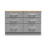 A standalone gray cabinet with six drawers and metal handles, featuring a wooden countertop, is set against a white background.