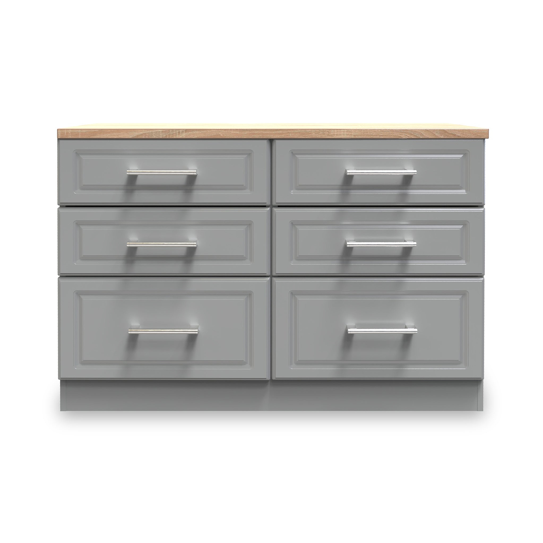 A standalone gray cabinet with six drawers and metal handles, featuring a wooden countertop, is set against a white background.