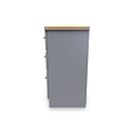 A tall, freestanding gray locker with a wooden top stands isolated against a blank, white background.