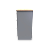 A tall, freestanding gray locker with a wooden top stands isolated against a blank, white background.