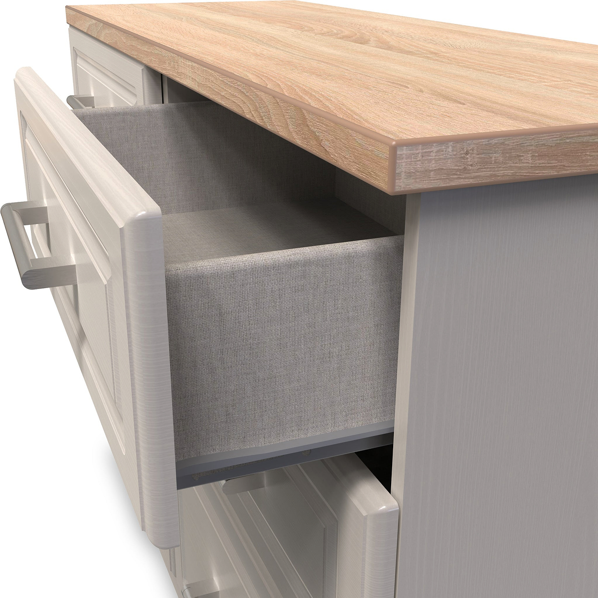 A grey upholstered built-in bench is partially pulled out from beneath a wooden kitchen countertop, suggesting a space-saving seating solution.