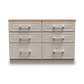 A wooden countertop rests on a grey six-drawer cabinet, isolated against a white background.
