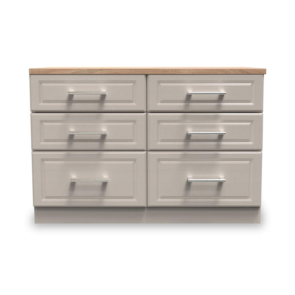 A wooden countertop rests on a grey six-drawer cabinet, isolated against a white background.
