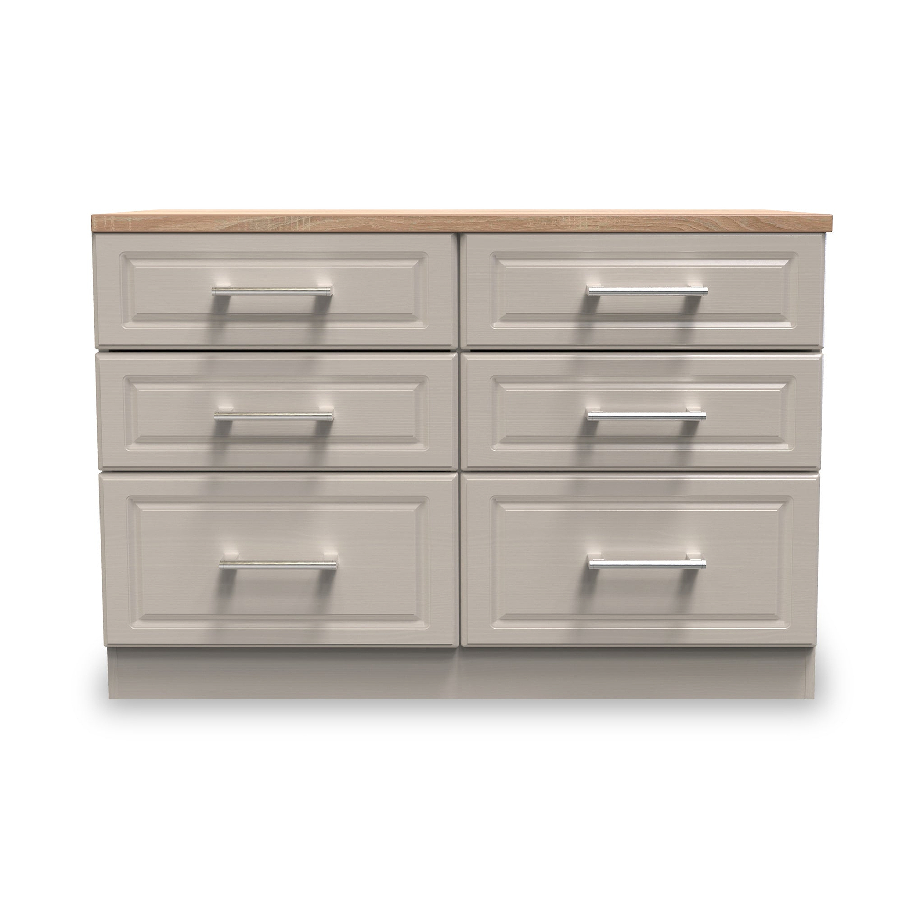 A wooden countertop rests on a grey six-drawer cabinet, isolated against a white background.
