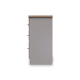 A vertical grey cabinet door with a brown top edge and hinges on the left side, isolated on a white background.