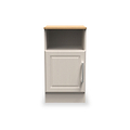 A beige wooden nightstand with a single closed drawer and an open shelf above, set against a plain white background.