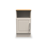 A beige wooden nightstand with a single closed drawer and an open shelf above, set against a plain white background.